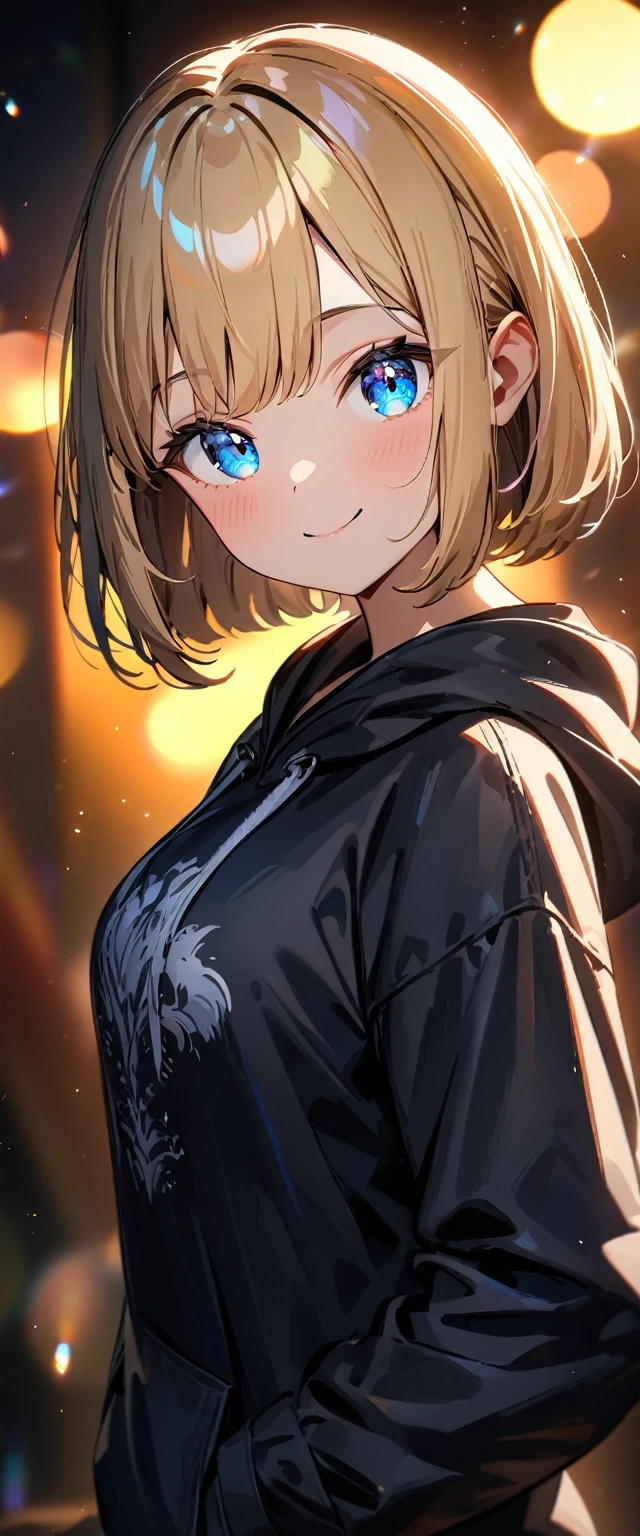 (((One girl))), blond hair, bob cut, (upper body), (looking at viewer), breasts, teenager, head tilt:1.3, (((blue eye))), (from side), hand in pocket, ((happy smile)), black hoodie, black shorts, anime style, (best quality, 4k, 8k, highres, masterpiece:1.2, ultra-detailed, ultra-detailed eyes, HDR, UHD, studio lighting, ultra-fine painting, sharp focus, physically-based rendering, extreme detail description, professional, vivid colors, bokeh)