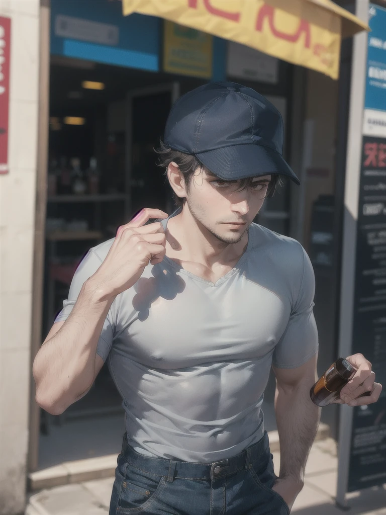 30 year old man ,tired eyes with dark circles ,moreno ,ragged clothes gray shirt ,blue pants ,black hat ,musculoso, borracho