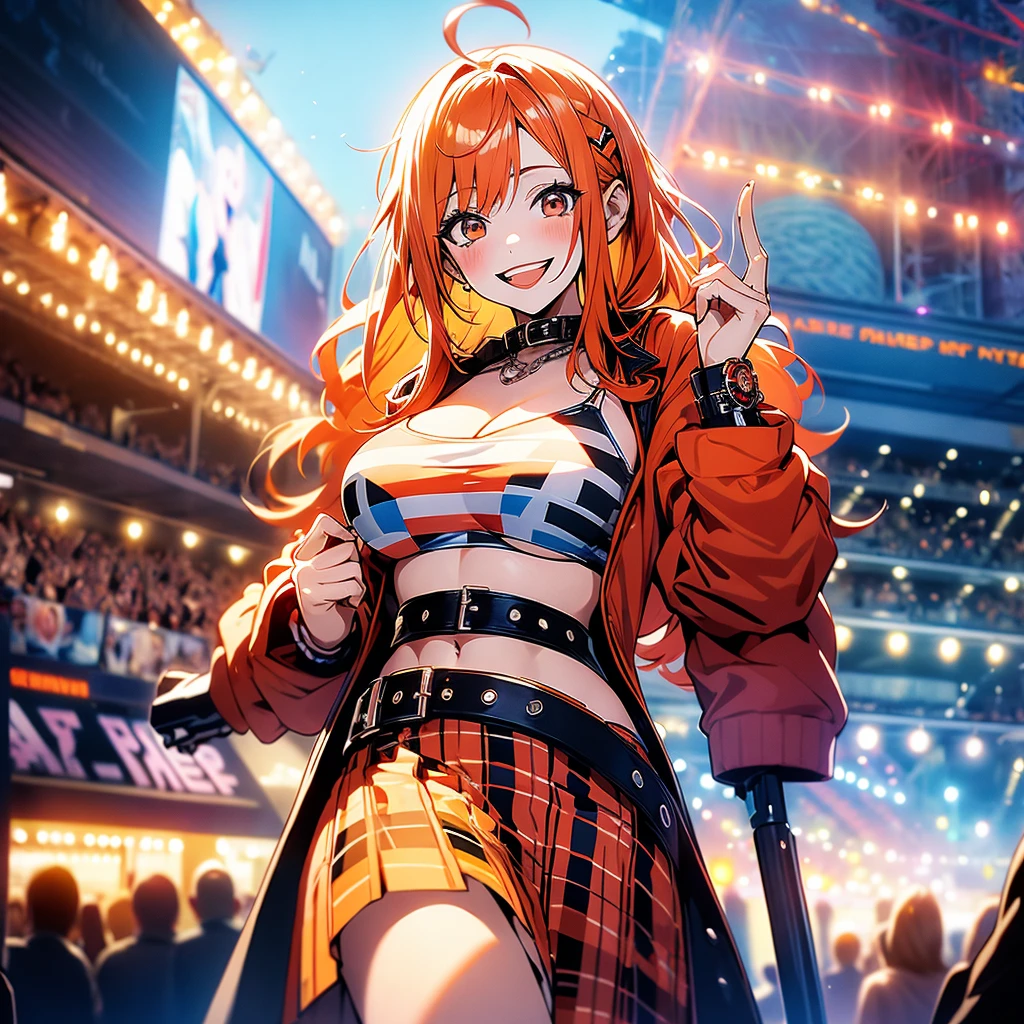 the clown girl, funny, painted face smiling evilly, sexy bikini, orange hair, big breasts, punk rock belt, plaid skirt, psychotic circus background.