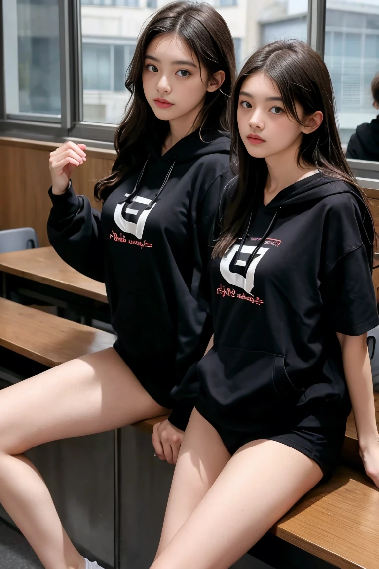 deux femmes ensemble de 18 ans sexy et mince , black short sleeve hoodie , salle de classe, se touche,position sey,sensuel
