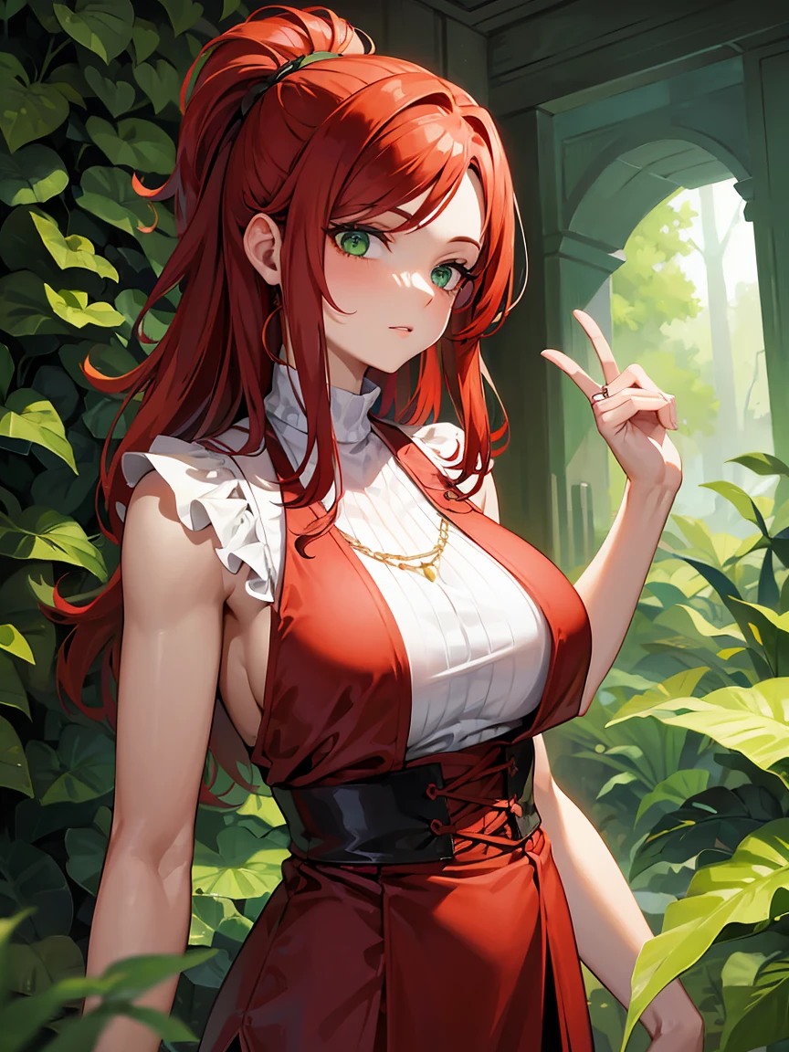 Woman with tall red hair, green eyes, plants everywhere, forest Background, green plants outfit