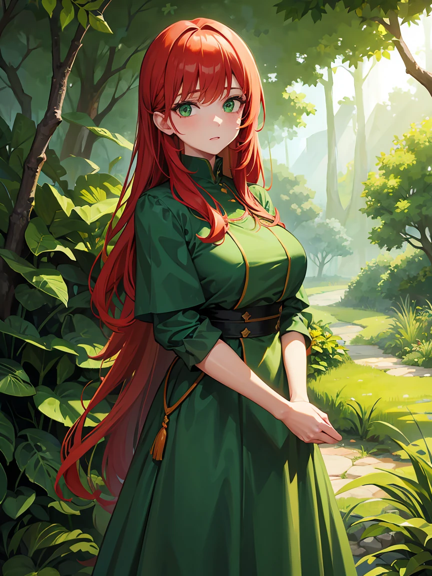 Woman with tall red hair, green eyes, plants everywhere, forest Background, green plants outfit