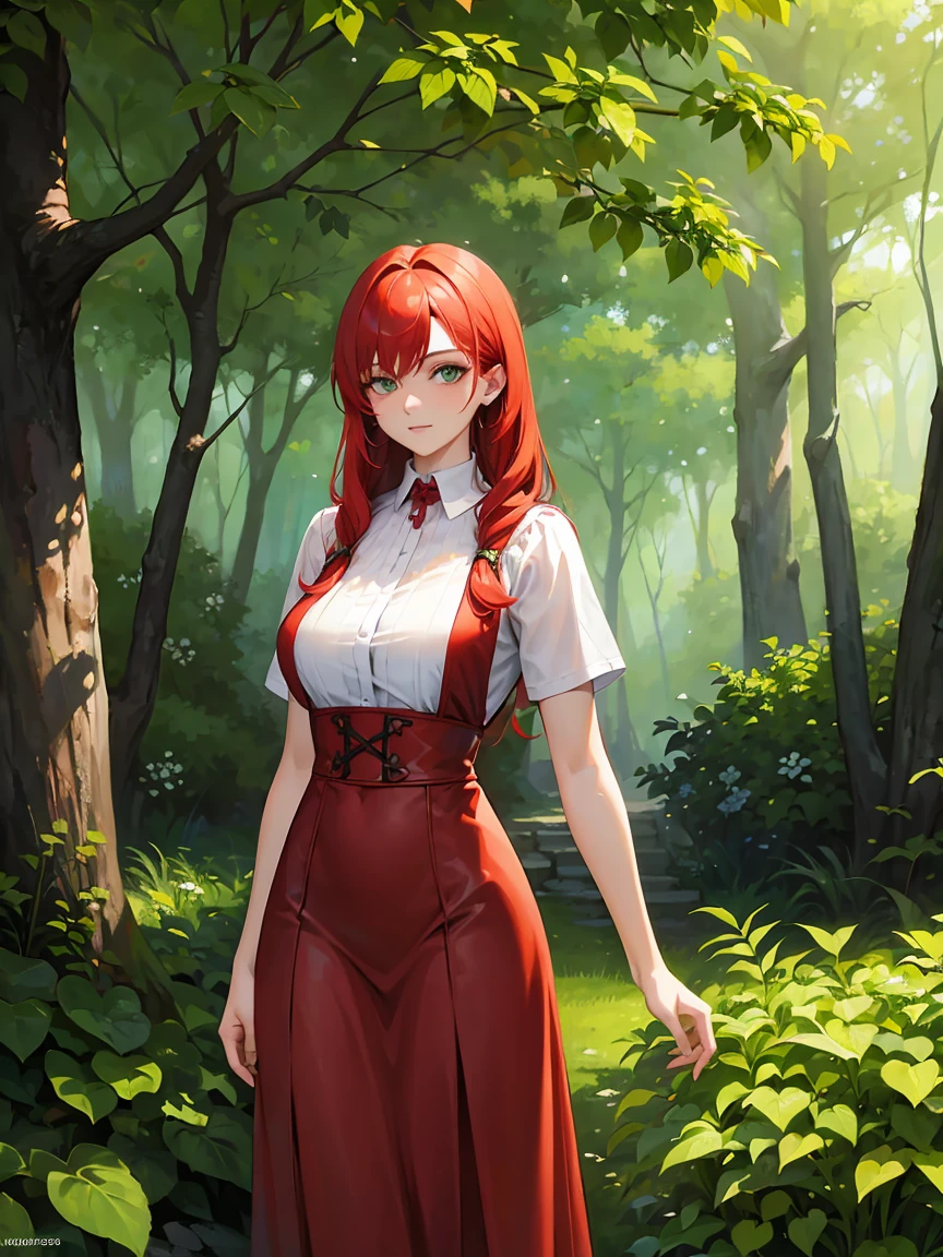 Woman with tall red hair, green eyes, plants everywhere, forest Background, green plants outfit