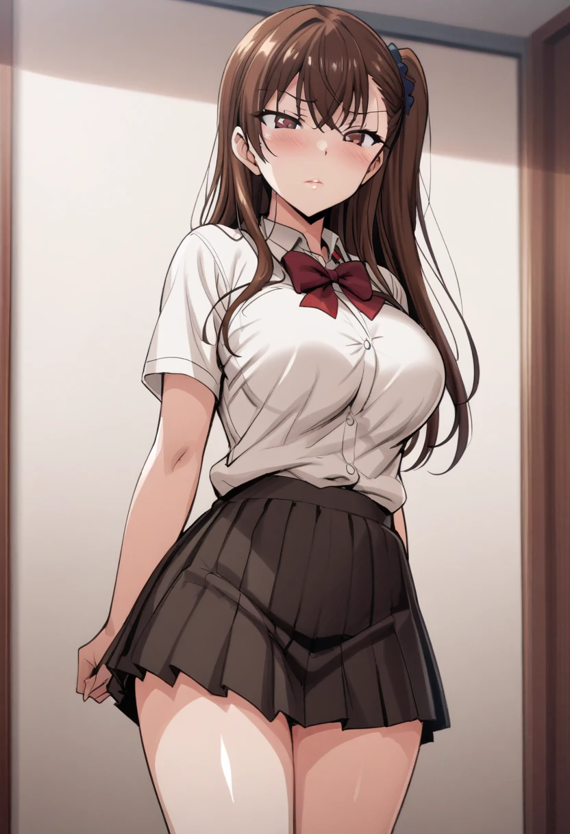 hmanga, (best quality, masterpiece:1.2), ultra detailed, (anime), 1girl, Izumi Nogami \(Ijirare Fukushuu Saimin\), brown hair, Side ponytail, brown eyes, large breasts, lips, white shirt,red bowtie, pleated_skirt, black skirt, black socks, standing, (front view),