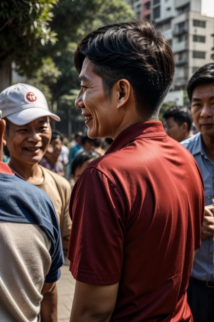 The lens only shows the back,A happy community leader,Is Taiwanese, Rich, have a lot of money, Feeling a lot of power, A feeling that makes people afraid to offend