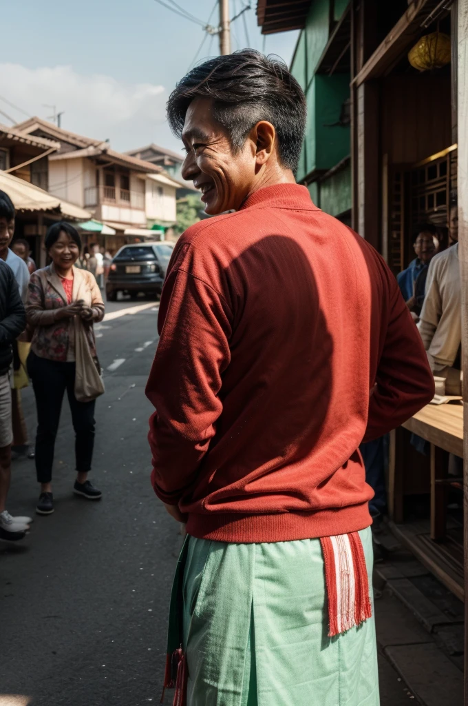 The lens only shows the back，A happy community leader，Is Taiwanese, Rich, have a lot of money, Feeling a lot of power, A feeling that makes people afraid to offend