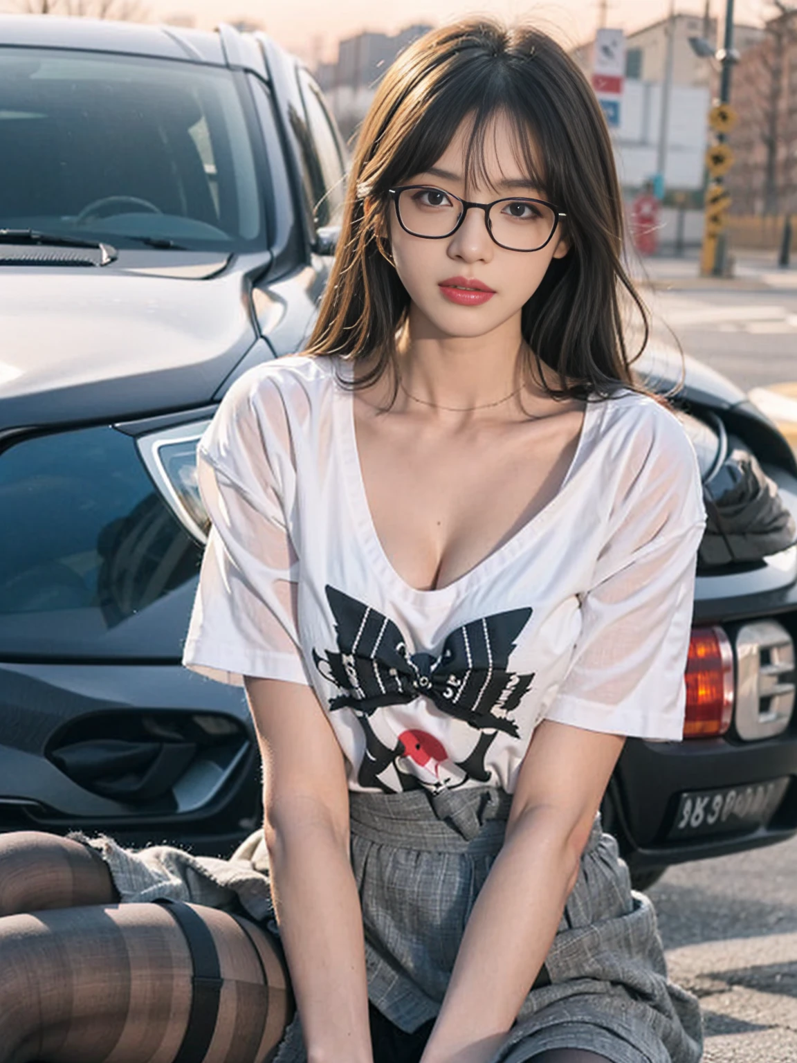 ulzang-6500-v1.1,(RAW photo:1.2), (Photorealistic:1.4), Beautiful Meticulous Girl, very detailed eyes and faces, Beautiful detailed eyes, absurderes, unbelievable Ridiculous, hugefilesize, ultra - detailed, A high resolution, The is very detailed，best qualtiy，tmasterpiece，((T-shirt ))，illustratio，The is very detailed，CG，unified，8k wallpaper，Amazing Cleavage，finely detailled，tmasterpiece，best qualtiy，The is very detailed的 CG unified 8k wallpaper，light in face，cinmatic lighting, 1girll, 16 years old,long  white hair，lateral division，(wears glasses)，((dynamicposes))，(sexyposture)，，(A half body)，((Pantyhose))，((Black hip skirt))，((((Sit with your knees folded)))) full length dress ：1.1， Super detailed face， Detailed eyes， double eyelid， blur backgroun， Slim Faces, blue eyes, glasses
