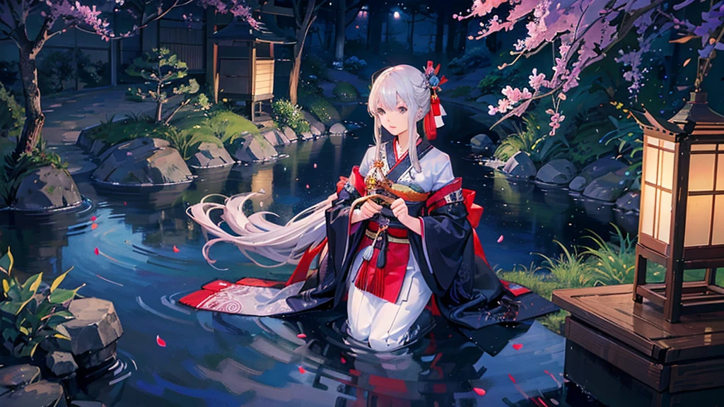 Create an AI illustration of a silver-haired girl in a traditional Japanese kimono, holding a sword. The setting is a serene Japanese garden, exuding tranquility and elegance. Her expression carries a hint of melancholy, and there is a gentle reflection of light on the blade of the sword. Please base the illustration on this scene.