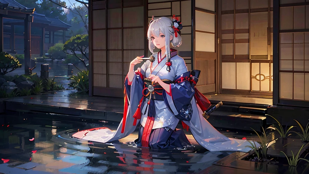 Create an AI illustration of a silver-haired girl in a traditional Japanese kimono, holding a sword. The setting is a serene Japanese garden, exuding tranquility and elegance. Her expression carries a hint of melancholy, and there is a gentle reflection of light on the blade of the sword. Please base the illustration on this scene.