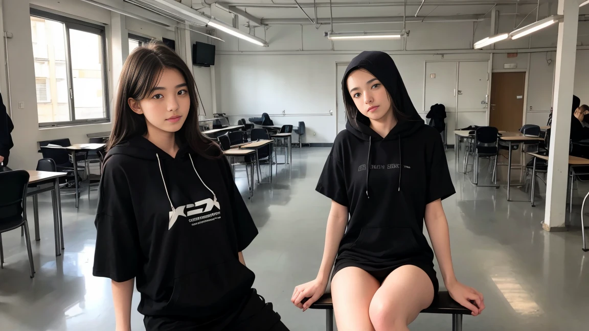 deux femmes ensemble de 18 ans sexy et mince , black short sleeve hoodie , salle de classe, se touche,position sey,sensuel