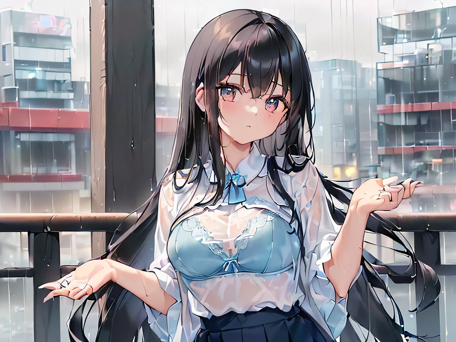 (masterpiece、Highest quality、High resolution、Realistic photo、Real looking skin:1.1)、
(The woman's clothes are wet and transparent from the rain.、I can see the light blue bra:1.8)、
(Please provide a close-up of the upper body.:1.8)、
(standing:1.5)、
(Confused expression:1.5)、
(She is wearing a white short-sleeved blouse that is worn with casual clothes.:1.8)、
(She is wearing a long blue skirt:1.5)、
(I wear pumps on my bare feet:1.5)、
(The bra is light blue:1.8)、
(I have long black hair:1.5)、
(She is 25 years old:1.5)、
(She is good-looking enough to be a receptionist.:1.5)、
(The location was a pedestrian deck in a rainy downtown area.:1.5)、
1 Japanese Girl、solo、Full Body Esbian、Beautiful Eyes、Shining Eyes、Shining thighs、NSFW
