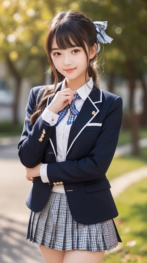 ((smile))、Confused、RAW Photos、(((The ultimate portrait masterpiece)))、((The cutest girl in the world:1.4))、1 girl、、Japanese、Cute face、((Silky Hair))、(A high ponytail tied with a ribbon:1.4)、((Super huge breasts:1.4))、((Eyes that shine like jewels))、Glowing Skin、(young woman;A school uniform consisting of a transparent white shirt, Thin ribbon, blazer, Checkered pleated skirt.:1.5)、Winter clothes、(Uniforms made from high-quality fabrics:1.4)、Ultra-detailed uniforms、(She shyly pulls up her skirt:1.3)、(Lace panties are visible.:1.3)、((Crotch from the front))、A skirt fluttering in the wind、eyeliner、Beautiful Bangs、Hair between the eyes、((solve、High resolution))、Detailed Background、8 KUHD、Digital SLR、Soft Light、high solve、Film Grain、Fujifilm XT3、Shallow depth of field、自然なSoft Light、Narrow waist,(Beautiful girl with sparkling eyes:1.3),(A big bust that seems to burst:1.4),(Crouch down facing forward so your underwear isn't visible:1.59)