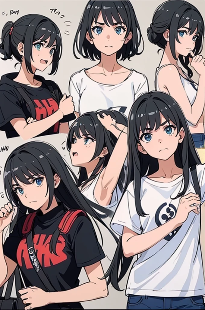 ((masterpiece)),(((Highest quality))),((sketch)),T-Shirts, jeans, Cute girl avatar，Emoji Pack，Small devil，(9 Emojis，Emoji Sheet，Align the layout)，9 poses and expressions（sorrow，surprise，Have fun，excited，LOL，anger，Doubt，I touch your head，Selling Moe, hang on），Anthropomorphic style, Black Line，A variety of emotions，9 poses and expressions，8K