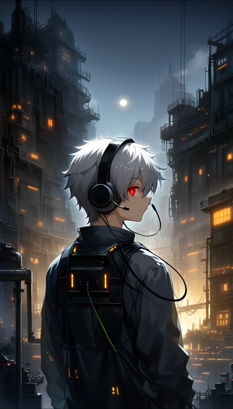 One boy, Mechanical, Expressionless, cable, Medium Hair, Red eyes, Gray Hair, Upper Body, industrial use, Outdoor, building, Glowing Eyes, From behind, headset