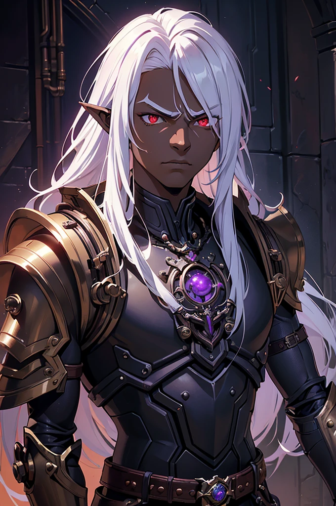 ((best quality)), ((masterpiece)), (detailed), ((boy)), ((mechanical armor)), (dungeonpunk),(steampunk), (serious), dark skinned, human, upper body, portrait, red eyes, long white hair, Xemnas from Kingdom Hearts, half-drow, pointy ears, serious face, dramatic lighting, purple hue, art by Kinema Citrus
