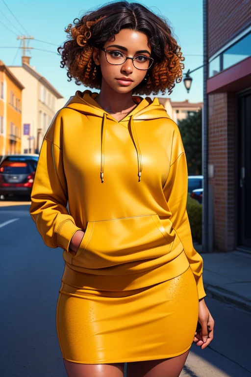 (best quality,4k,8k,highres,masterpiece:1.2),ultra-detailed,(realistic,photorealistic,photo-realistic:1.37), female 20 year old college student, (tan-bronze skin), thin layer of freckles, short black hair with orange highlights, curly hair, amber colored eyes, (Wearing a yellow hoodie, black pencil skirt, glasses)
