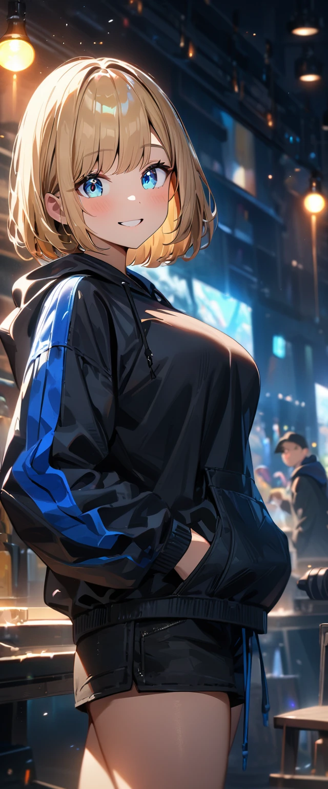 (((One girl))), blond hair, bob cut, (upper body), (looking at viewer), big breasts, teenager, head tilt:1.3, (((blue eye))), (from side), hand in pocket, ((happy smile)), black hoodie, black shorts, anime style, (best quality, 4k, 8k, highres, masterpiece:1.2, ultra-detailed, ultra-detailed eyes, HDR, UHD, studio lighting, ultra-fine painting, sharp focus, physically-based rendering, extreme detail description, professional, vivid colors, bokeh)