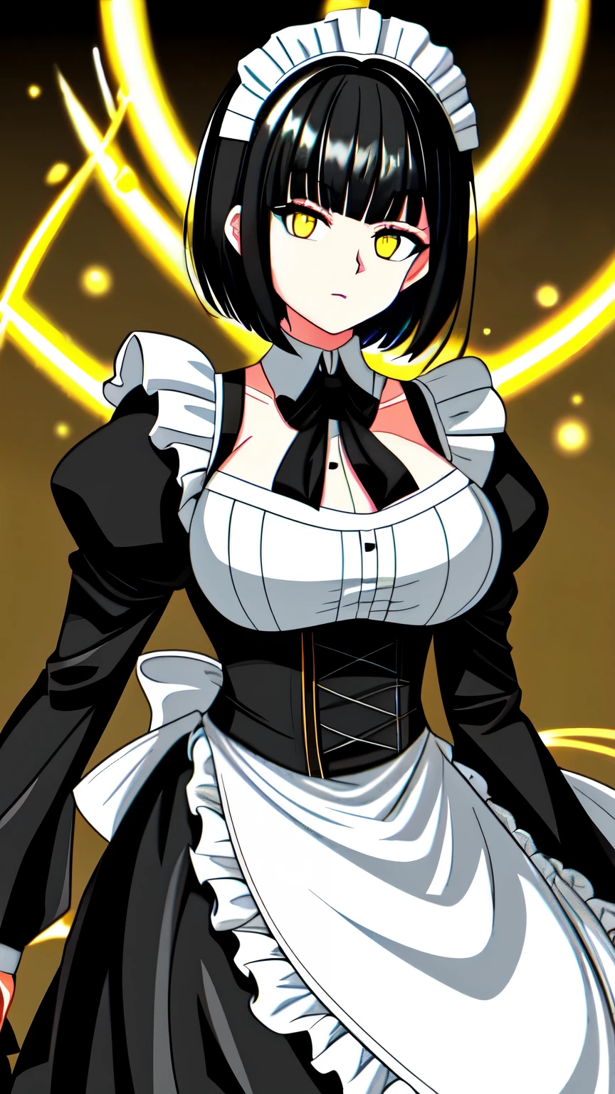 Yellow eyes, Black Hair, maid outfit, 1 Girl, Large Breasts, Light Expression, 1 Girl, short hair