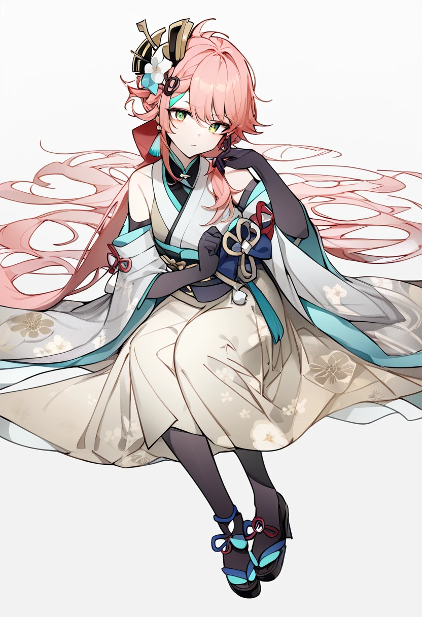 best,hight,score_9,hight,braid,hand_up,highres,black_pantyhose,shoes,long hair,short_sleeves,detached_sleeves,commentary,black_footwear,bare_shoulders,closed_mouth,wide_sleeves,head_tilt,looking_at_viewer,simple_background,1girl,gradient_background,solo,haori,watson_cross,absurdres,chiori_\(genshin_impact\),white_border,grey_kimono,yellow_skirt,black_gloves,hairpin,floral_print,full_body,