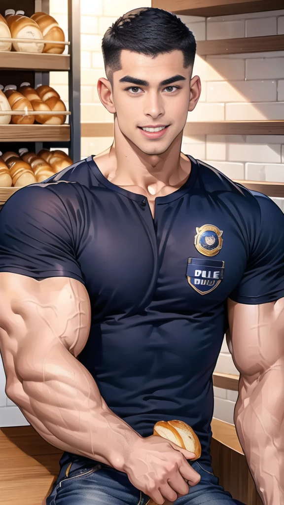 (handsome Man sitting on table eating bread ),(crew cut short hair:1.8),black eye,(Wear a fitted round neck t-shirt in navy with a police badge.:1.5),(fit neck),Navy blue jeans,(black_gloves:1.2), Korean guy,chest muscles,large arm muscles,blood vessel,Big muscles,Broad shoulders, (open mouth:1.2),(face up:1.2),(open eyes:1.5), middle of the road,smile, In the bread shop, 