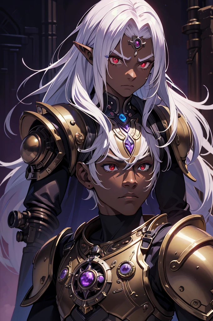 ((best quality)), ((masterpiece)), (detailed), ((boy)), ((mechanical armor)), (dungeonpunk),(steampunk), (serious), dark skinned, human, upper body, portrait, red eyes, long white hair, Xemnas from Kingdom Hearts, half-drow, pointy ears, serious face, dramatic lighting, purple hue, art by Kinema Citrus