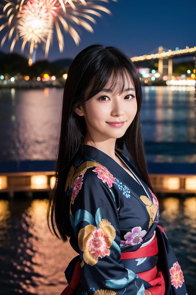 A beautiful Japanese woman in her late 40s, with long, straight black hair, standing by a riverside at night, watching fireworks. She is dressed in a traditional, elegant yukata with a floral pattern and an obi sash. The focus is on her, showing her graceful and alluring presence with a hint of a smile. The background is slightly blurred, featuring colorful fireworks lighting up the night sky and reflections on the water. High-resolution, realistic depiction, emphasizing her elegance and allure.