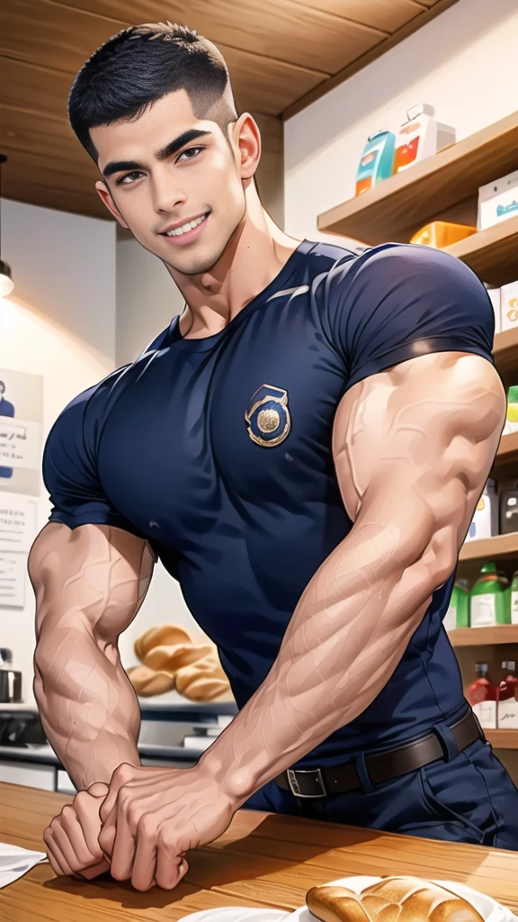 (handsome Man sitting on table eating bread ),(crew cut short hair:1.8),black eye,(Wear a fitted round neck t-shirt in navy with a police badge.:1.5),(fit neck),Navy blue jeans,(black_gloves:1.2), Korean guy,chest muscles,large arm muscles,blood vessel,Big muscles,Broad shoulders, (open mouth:1.2),(face up:1.2),(open eyes:1.5), middle of the road,smile, In the bread shop,