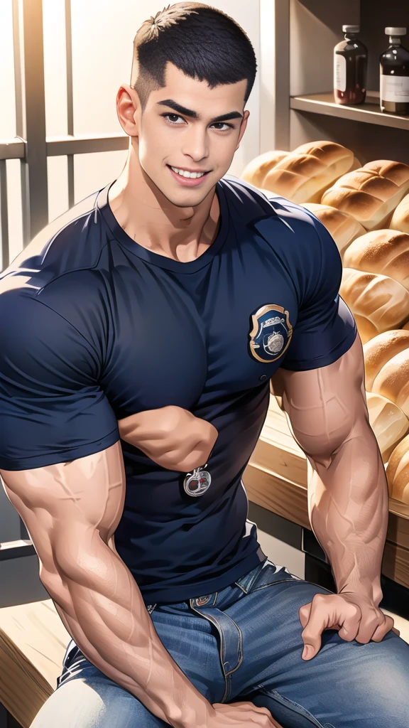 (handsome Man sitting on table eating bread ),(crew cut short hair:1.8),black eye,(Wear a fitted round neck t-shirt in navy with a police badge.:1.5),(fit neck),Navy blue jeans,(black_gloves:1.2), Korean guy,chest muscles,large arm muscles,blood vessel,Big muscles,Broad shoulders, (open mouth:1.2),(face up:1.2),(open eyes:1.5), middle of the road,smile, In the bread shop,