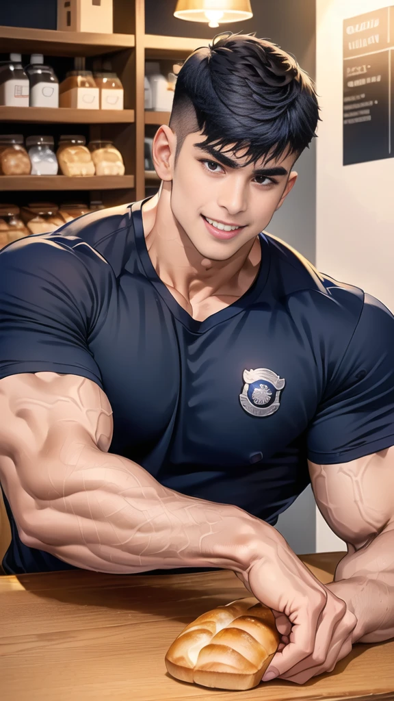 (handsome Man sitting on table eating bread ),(crew cut short hair:1.8),black eye,(Wear a fitted round neck t-shirt in navy with a police badge.:1.5),(fit neck),Navy blue jeans,(black_gloves:1.2), Korean guy,chest muscles,large arm muscles,blood vessel,Big muscles,Broad shoulders, (open mouth:1.2),(face up:1.2),(open eyes:1.5), middle of the road,smile, In the bread shop,