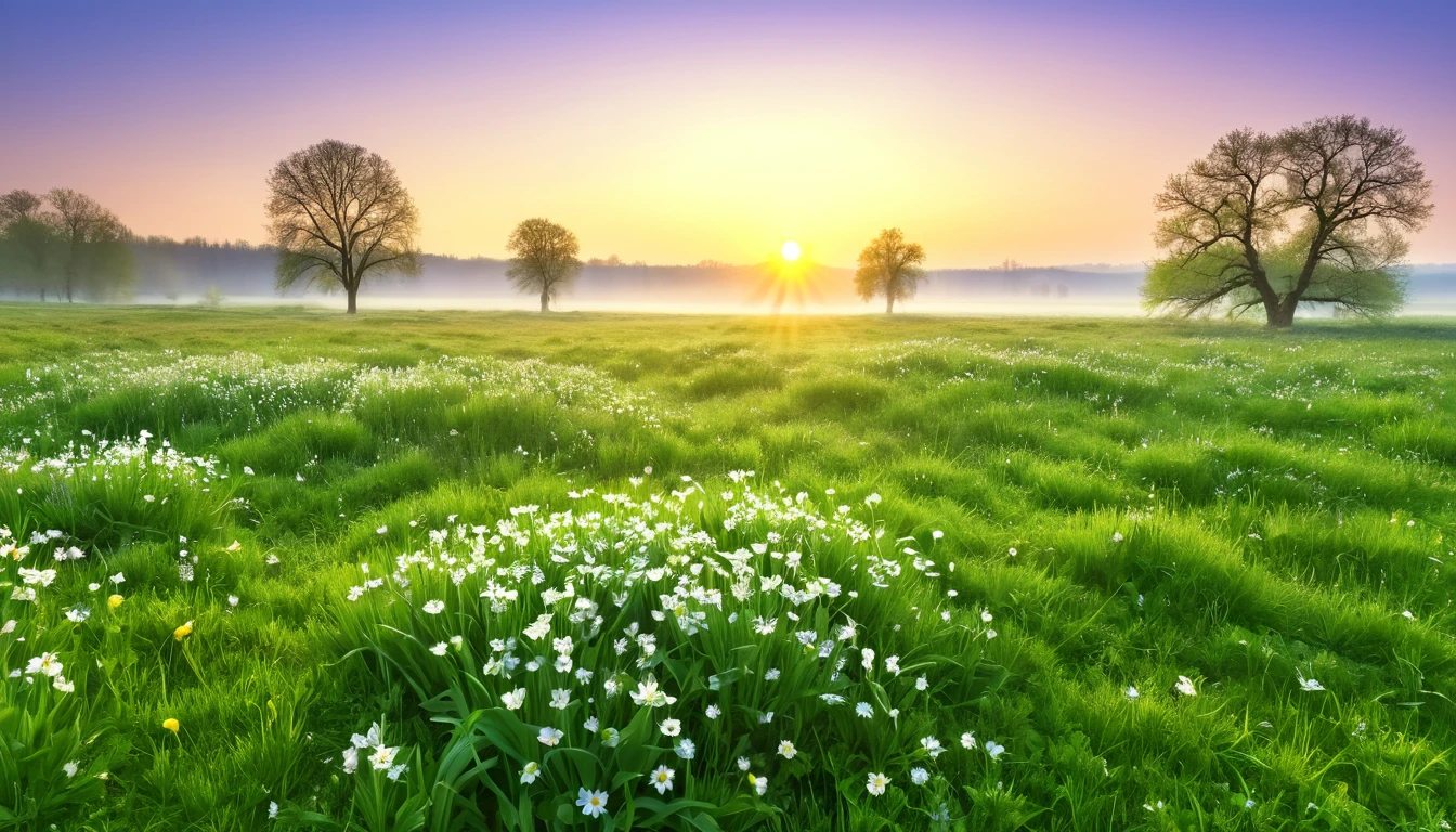 realistic photo, masterpiece, a spring morning at sunrise with the sweet scent of life, in an open meadow
