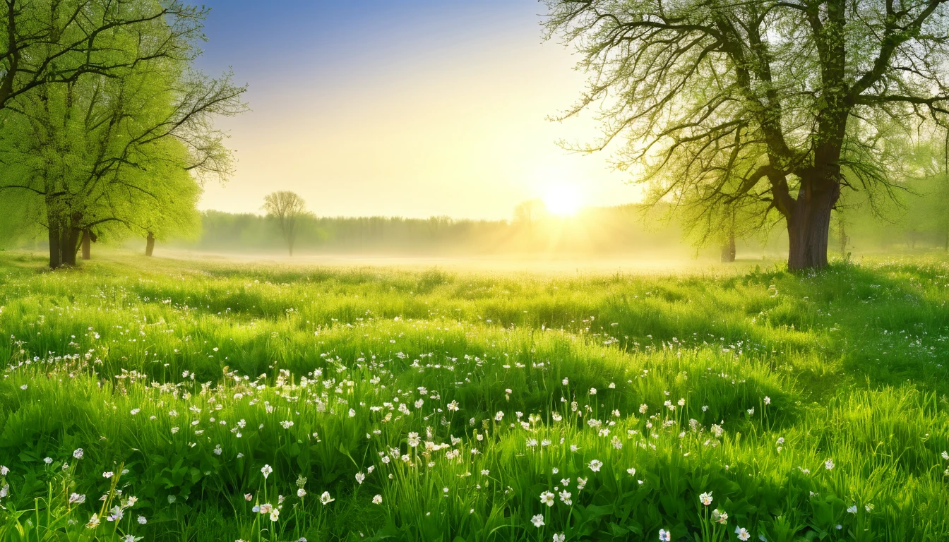 realistic photo, masterpiece, a spring morning at sunrise with the sweet scent of life, in an open meadow