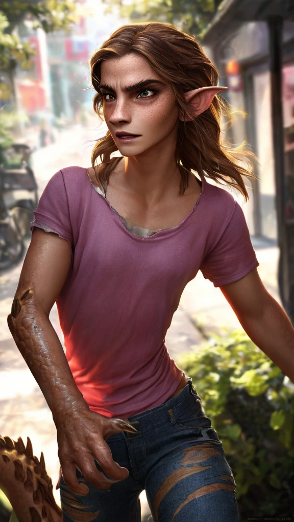 1girl, ewt, Emma watson, beautiful detailed eyes, beautiful detailed lips, extremely detailed eyes and face, long brown hair, pink t-shirt, jeans, tattered clothes, standing on a street corner, award winning, intricate details, photorealistic, cinematic lighting, volumetric lighting, depth of field, beautiful face, striking pose, dynamic composition, vivid colors, warm tones, transformation into a dragon, green dragon with gold scales, magma scales
