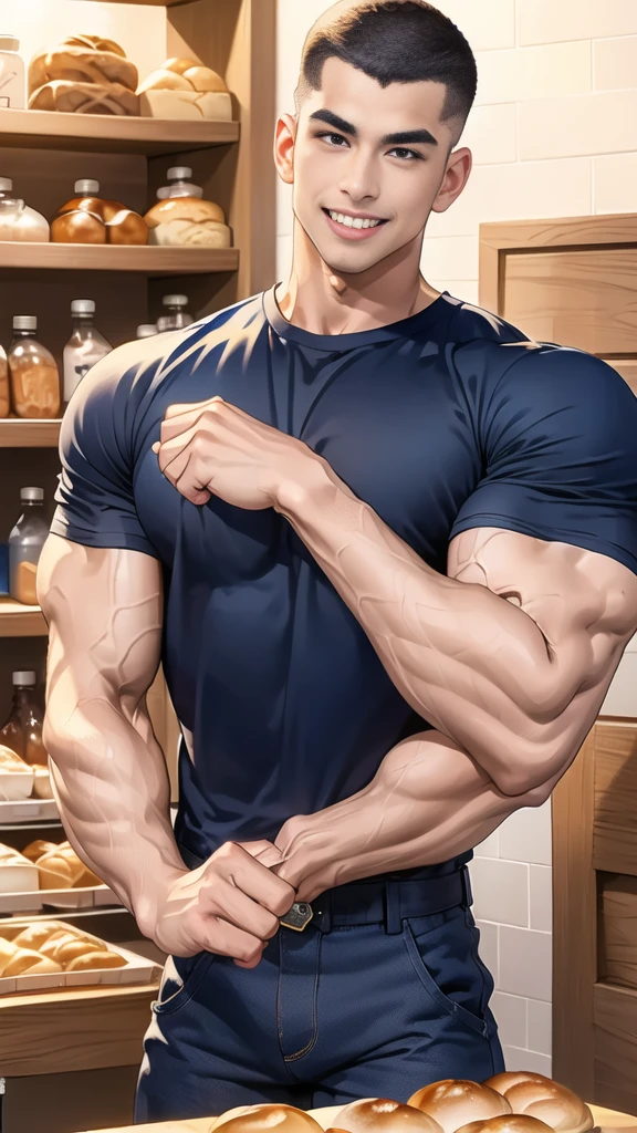 (NSFW: 1.5), (handsome Man sitting on table eating bread ),(crew cut short hair:1.8),black eye,(Wear a fitted round neck t-shirt in navy with a police badge.:1.5),(fit neck),Navy blue jeans,(black_gloves:1.2), Korean guy,chest muscles,large arm muscles,blood vessel,Big muscles,Broad shoulders, (open mouth:1.2),(face up:1.2),(open eyes:1.5), middle of the road,smile, In the bread shop,
