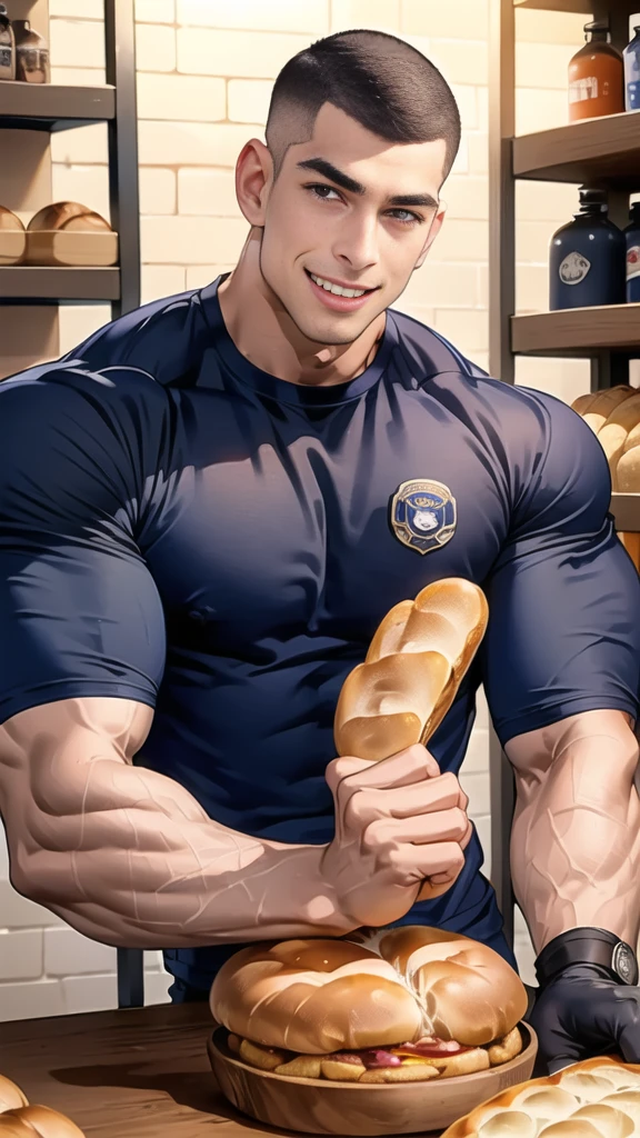 (NSFW: 1.5), (handsome Man sitting on table eating bread ),(crew cut short hair:1.8),black eye,(Wear a fitted round neck t-shirt in navy with a police badge.:1.5),(fit neck),Navy blue jeans,(black_gloves:1.2), Korean guy,chest muscles,large arm muscles,blood vessel,Big muscles,Broad shoulders, (open mouth:1.2),(face up:1.2),(open eyes:1.5), middle of the road,smile, In the bread shop,