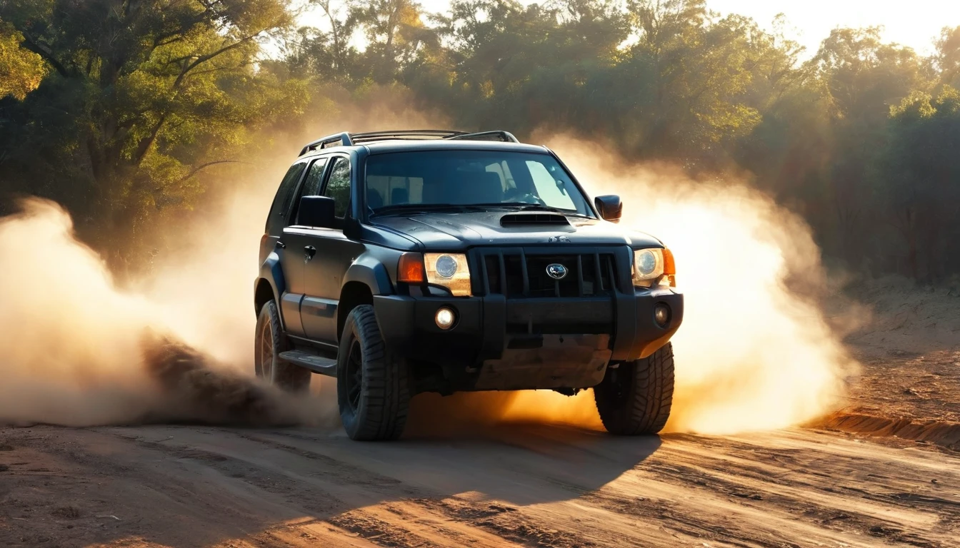 A black SUV is performing a dramatic maneuver on a dirt road, raising a cloud of dust around you. The lighting is low, suggesting late afternoon or early morning, with sunlight highlighting the vehicle's robust silhouette. No fundo, a backdrop of hills and desert vegetation adds an element of wildness and adventure. The car's front lights are on, highlighting the intense action and the sensation of speed. The atmosphere is electrifying, evoking a scene of chase or exploration across challenging, inhospitable terrain. hyper realistic composition,32k resolution,cinematic composition,cinematic color grading.photography whit Phaseone 85mm,depth of field.