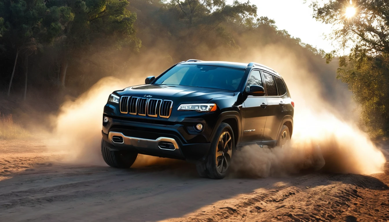 A black SUV is performing a dramatic maneuver on a dirt road, raising a cloud of dust around you. The lighting is low, suggesting late afternoon or early morning, with sunlight highlighting the vehicle&#39;s robust silhouette. No fundo, a backdrop of hills and desert vegetation adds an element of wildness and adventure. The car&#39;s front lights are on, highlighting the intense action and the sensation of speed. The atmosphere is electrifying, evoking a scene of chase or exploration across challenging, inhospitable terrain. hyper realistic composition,32k resolution,cinematic composition,cinematic color grading.photography whit Phaseone 85mm,depth of field.





