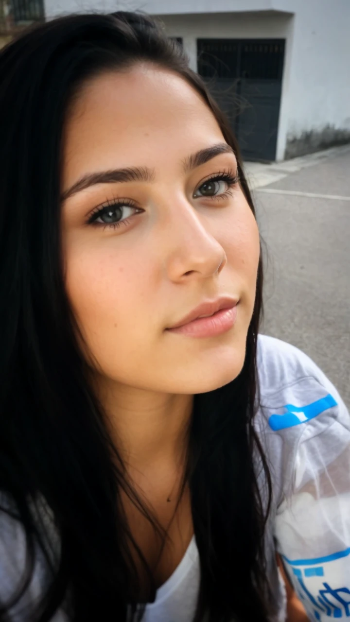 close up portrait of a young brunette of 22 years and influencer with brown and shiny hair, fitness, good light and good shadows, facial expression relaxed