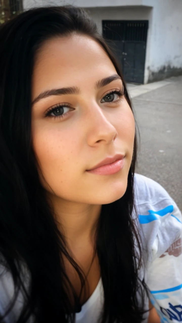 close up portrait of a young brunette of 22 years and influencer with brown and shiny hair, fitness, good light and good shadows, facial expression relaxed