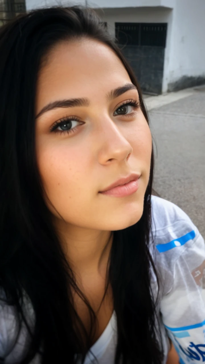 close up portrait of a young brunette of 22 years and influencer with brown and shiny hair, fitness, good light and good shadows, facial expression relaxed