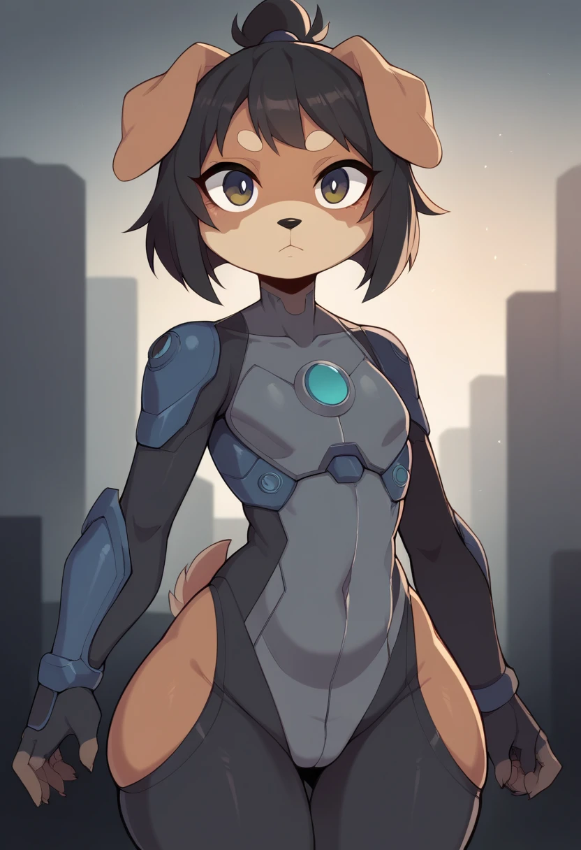 A portrait of a mature adult female, furry, ((two-toned light and dark grey body fur)), slender, flat chest, wide hips, sharp and angled golden cat-like eyes, ((long floppy dachshund-like ears)), fluffy cheeks, dog-like nose, shoulder-length black hair with segmented bangs and ponytail, wearing skintight sci-fi armor, looking at the viewer, no expression, sunset in a futuristic city