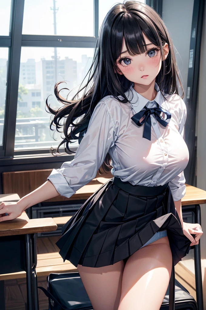 Absurd, Super detailedな,(In 8K:1.3),Masseter muscle area,(masterpiece:1.2)、(Highest quality)、4K、Super detailed、(Movement Structure:1.4)、(Shining Lights、Atmosphere lighting), High resolution, Best Quality、(One girl:1.4),Super detailedな,Bright colors、Treebreak Production Art、(Warm color light source:1.2),High-level image quality、Fine image quality、Intricate details,Volumetric Lighting,Realism BREAK、Profile、 Very beautiful face and eyes, Beautiful images、 shoot from below、 Volumetric lighting、 (overhead shot:1.5)、 Idol face、、(Baby Face:1.4)、natural make up、big eyes、(Big Tits:1.2)、(Breast bag:1.2)、(glossy skin :1.5), (sit:1.2)、School Chair、(to lift up one’s black skirt:1.4)、 (School classroom:1.2)、 (black hair、blunt bangs、straight hair:1.2)、 sailor suit, dark blue collar, white shirts, short sleeve, school, dark blue skirt, black skirt、(Good, highleg panties, highleg, groin)、 (full face blush:1.2),