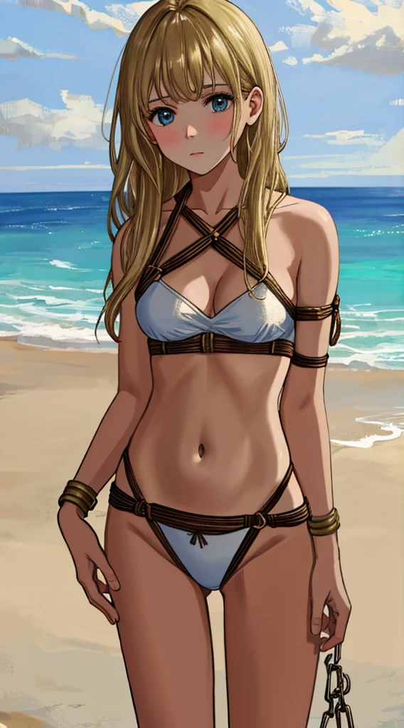 (Masterpiece, Best Quality, High Quality, Highres), naked adult woman standing on the beach, shackles, bondage, bound wrists, medium breast, skinny, prominent nose, medium blonde hair, sad