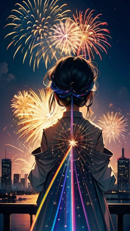 少女がfireworkに祈っている、Girl facing backwards、Metropolis、firework、firework大会、Rainbow colorsのfireworkが打ちあがっている瞬間、With the Night、Cyberpunk Cityscape、Cyberpunk Cityscapeで壮大なfirework、近future都市、Highest quality、masterpiece, (Diffuse reflection of light:1.2), When the fantastic rainbow turns into shadow, bathed in a mystical atmosphere. Cast magic spells. evoke a sense of wonder and awe. A fusion of natural grandeur and magic, Weaving dreams into reality. Behold, null, And the unknown, Fleeting、And an eternal moment, 16K, Ultra-high resolution.Realistic, Ultra-high resolution, to be born,future、Rainbow colorsに光り輝く、Rainbow colors、The world 30 years from now。
