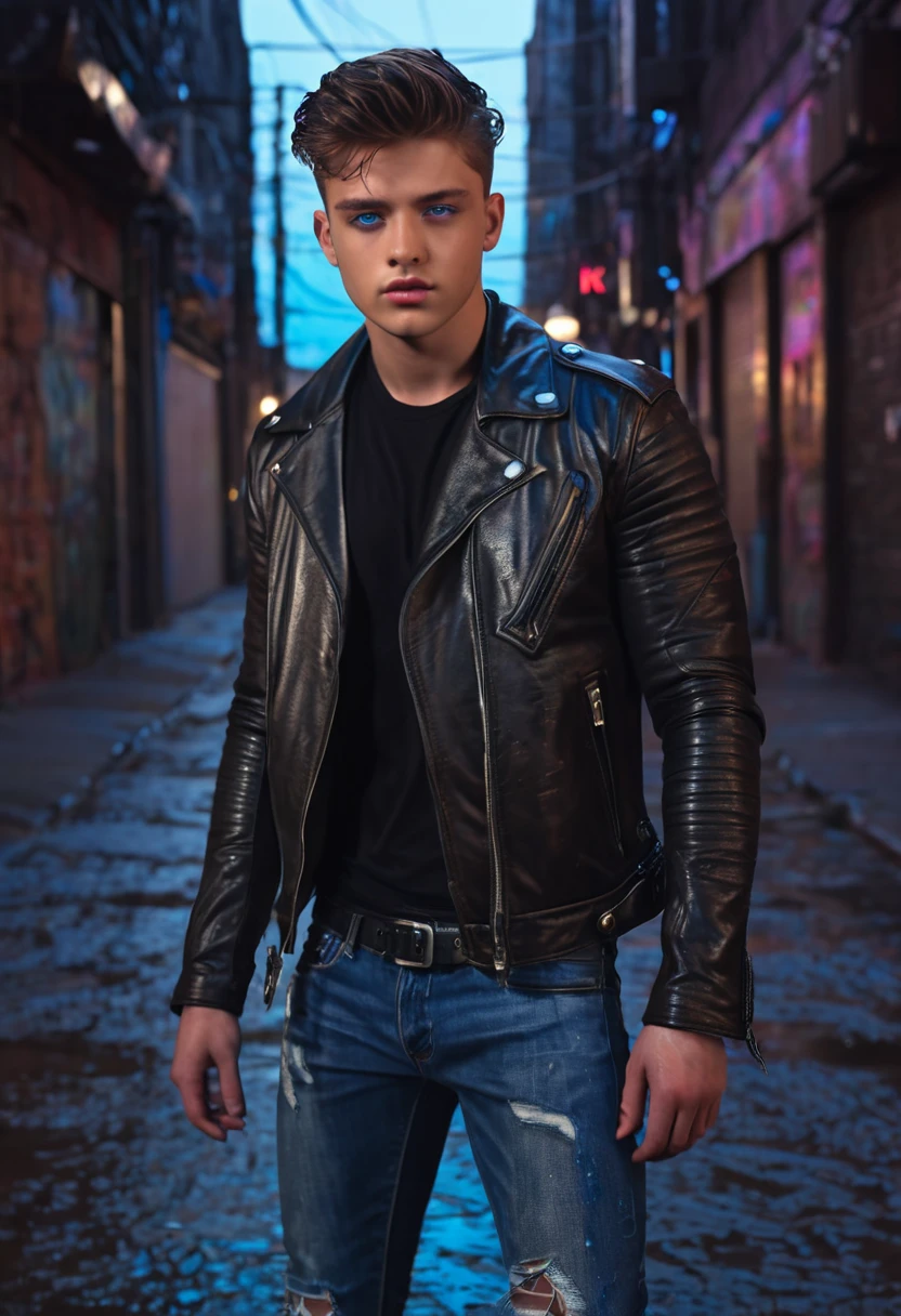 a 17 year old handsome bad boy, detailed face, striking blue eyes, messy brown hair, sensual lips, muscular physique, tight black leather jacket, ripped jeans, standing in a gritty urban city alleyway, neon lights, moody lighting, photorealistic, cinematic, 8k, (best quality,4k,8k,highres,masterpiece:1.2),ultra-detailed,(realistic,photorealistic,photo-realistic:1.37)