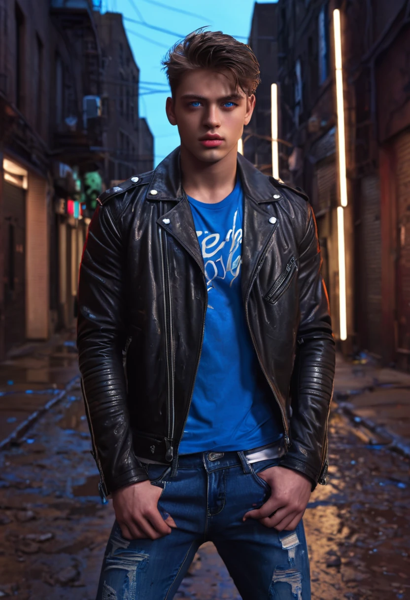 a  handsome bad boy, detailed face, striking blue eyes, messy brown hair, sensual lips, muscular physique, tight black leather jacket, ripped jeans, standing in a gritty urban city alleyway, neon lights, moody lighting, photorealistic, cinematic, 8k, (best quality,4k,8k,highres,masterpiece:1.2),ultra-detailed,(realistic,photorealistic,photo-realistic:1.37)