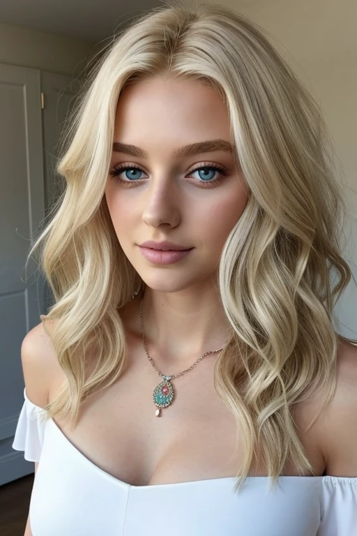 1 fille, 24 ans, bare, Longhaire, Colossal , regarder le spectateur, blond hair, yeux verts, jewels, Tout le corps, a necklace, off the shoulders, Chandails, realistic, A sexy
