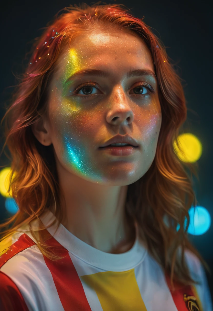 full portrait unique photography with light and painting. Using german flag painting colors to form pointillism that are implemented on the cute readhead japanese women face, she is wearing Germany football shirt euro 2024, dynamic pose, The Face behind a reflected Glass, floating hair, glow in the dark, rainbow prism lens flare effect, dynamic macro portrait shot, Ultra highly detailed, realistic skin,  German flag colored neon lights backround, Realistic Portrait by Arnau Mas