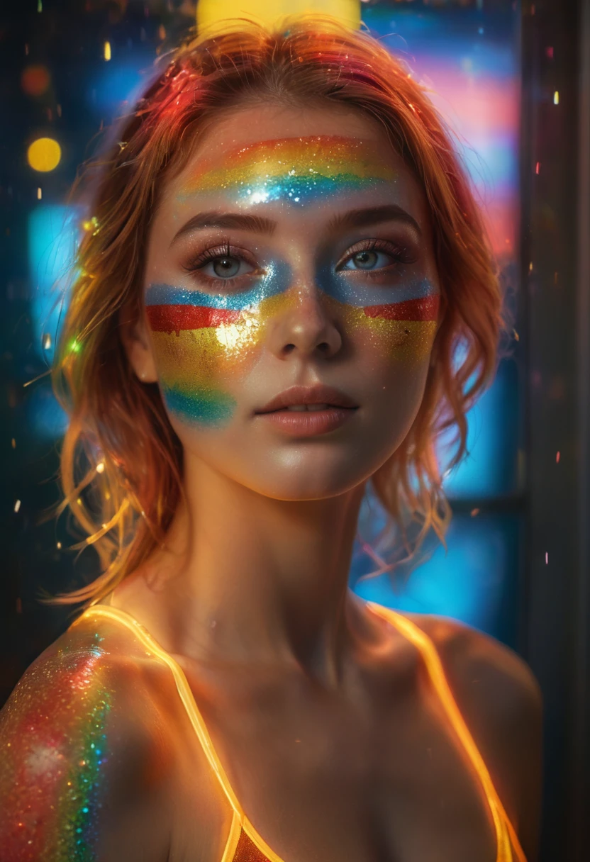 full portrait unique photography with light and painting. Using german flag painting colors to form pointillism that are implemented on the cute readhead japanese women face, she is wearing Germany football shirt euro 2024, dynamic pose, The Face behind a reflected Glass, floating hair, glow in the dark, rainbow prism lens flare effect, dynamic macro portrait shot, Ultra highly detailed, realistic skin,  German flag colored neon lights backround, Realistic Portrait by Arnau Mas