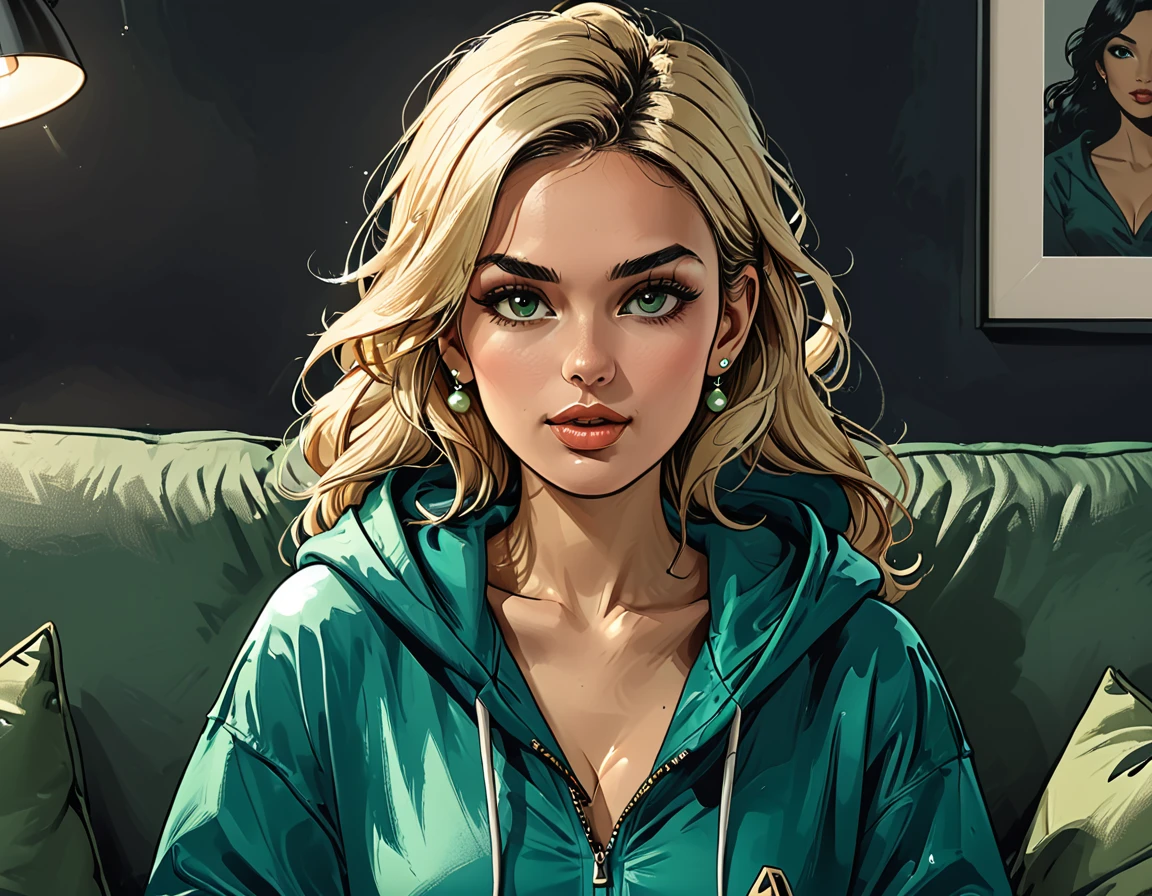 green ((pearl)) at hands,portrait girl eating a green pearl in (Blue oversized hoodie) and black Elastic shorts sits at sofa at dark green office, adult, [Nordic], Hourglass elongated fitness body, perfect Olive skin, Oval Face, Long neck, Rounded shoulders, perfect hand, Attached Pointed ears, round forehead, Short blonde Waves pixie hair, snub nose, Arched eyebrows, High Round Narrow cheekbones, Dimpled Cheeks, Rounded Chin, Rounded Jawline, Full nude Lips, Nude Makeup Look, long eyelashes, graphic style of novel comics, 2d, 8k, hyperrealism, masterpiece, high resolution, best quality, ultra-detailed, super realistic, Hyperrealistic art, high-quality, ultra high res, highest detailed, lot of details, Extremely high-resolution details, incredibly lifelike, colourful, soft cinematic light,