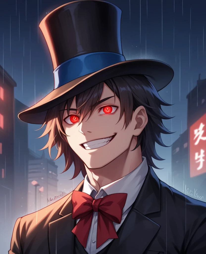 (black_hair), (red_Blood_eyes), (detailed_eyes), (crazy_smile), (attractive), (night_city_background), (raining), (glowing_eyes), (male), (wearing _a_black_suit), (long_male_hair), (detailed_Hair), (detailed), (detailed_mouth), wears a black top hat with a red ribbon edged trim,